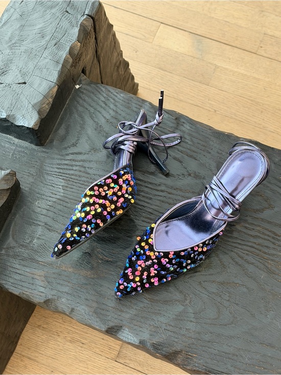 Vintage Shoes - VINTAGE SEQUIN POINTED TOE WRAP UP KITTEN HEEL
